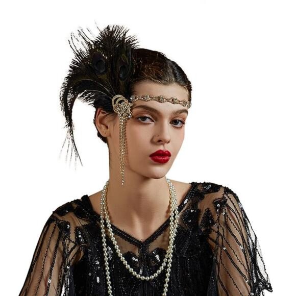 Flapper Headband Ostrich Sequins Black Gold - Picture 2 of 5